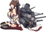  1girl black_legwear boots breasts brown_hair full_body headgear kantai_collection large_breasts long_hair looking_at_viewer looking_to_the_side machinery official_art ponytail shizuma_yoshinori sitting solo thigh_boots thighhighs torn_clothes transparent_background turret wariza yamato_(kancolle) yamato_kai_ni_(kancolle) 