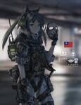  1girl animal_ears bangs blurry blurry_background bulletproof_vest camouflage camouflage_jacket camouflage_pants chinese_commentary chinese_text commentary_request cowboy_shot fang_zhenjun flashbang gloves green_eyes grey_gloves grey_hair gun handgun harness headphones holding holding_mask holster holstered_weapon jacket long_hair looking_at_viewer mask mask_removed microphone military original pants photo_background pistol republic_of_china_flag sleeves_rolled_up smoke_grenade soldier solo standing submachine_gun tactical_clothes thigh_holster translation_request two_side_up weapon weapon_request 
