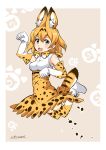  1girl animal_ears bangs blonde_hair blush bow bowtie breasts commentary_request elbow_gloves eyebrows_visible_through_hair full_body gloves jumping kemono_friends musashino_sekai open_mouth paw_pose print_bow print_bowtie serval_(kemono_friends) serval_print shirt short_hair signature skirt sleeveless smile tail thighhighs 