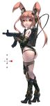  1girl animal_ears arm_tattoo ass bangs bare_shoulders boots breasts brown_hair camouflage_footwear camouflage_gloves camouflage_leotard chinese_commentary chinese_text commentary_request elbow_gloves fang_zhenjun fantasy from_side full_body gloves gun high_heel_boots high_heels holding holding_gun holding_weapon knee_pads leotard long_hair looking_at_viewer looking_to_the_side military orange_eyes original parted_lips rabbit_ears republic_of_china_flag sidelocks simple_background small_breasts submachine_gun tactical_clothes tattoo thigh_boots thighs thong_leotard translation_request two_side_up weapon 