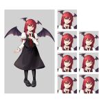  1girl angry bat_wings black_footwear black_legwear black_skirt black_vest border breasts character_name closed_eyes closed_mouth collared_shirt demon_wings expression_chart grey_background grey_border hand_on_own_chest head_wings highres hoshiringo0902 juliet_sleeves koakuma lips loafers long_hair long_sleeves necktie open_mouth pantyhose puffy_sleeves red_eyes red_hair red_necktie sad shirt shoes simple_background skirt small_breasts smile solo surprised touhou v-shaped_eyebrows vest white_shirt wings 