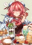 ! +_+ 1girl :i ahoge bandaged_arm bandages bangs bendy_straw blush bun_cover chinese_clothes chocolate closed_mouth cream_puff cuffs cup dagasitotaiyou dessert double_bun drinking_glass drinking_straw eating emphasis_lines food food_on_face fruit green_background hair_bun hands_up highres holding holding_spoon ibaraki_kasen ice_cream ice_cream_float looking_at_viewer macaron matcha_parfait melon_soda pancake pancake_stack parfait pink_eyes pink_hair polka_dot polka_dot_background pudding shackles short_hair solo souffle_pancake sparkle spoken_exclamation_mark spoon star_(symbol) strawberry strawberry_shortcake touhou touhou_lost_word upper_body v-shaped_eyebrows wafer wafer_stick whipped_cream 