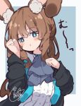  1girl amiya_(arknights) animal_ear_fluff animal_ears arknights bangs beni_shake black_jacket blue_background blue_eyes blush brown_hair center_frills closed_mouth commentary_request eyebrows_visible_through_hair frills grey_background hair_between_eyes hands_up jacket long_hair long_sleeves looking_at_viewer open_clothes open_jacket rabbit_ears shirt solo translation_request two-tone_background upper_body very_long_hair white_shirt 