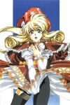  1990s_(style) 1girl :o absurdres bangs black_legwear blonde_hair blue_eyes blush bow brooch capelet clothes_lift covering cowboy cowboy_western dress drill drill_hair frills gem glint gloves gradient gradient_background hair_bow hairband hand_on_own_chest hat highres jewelry langrisser langrisser_iv long_hair looking_at_viewer non-web_source official_art one_side_up open_mouth panties panties_over_pantyhose pantyhose pantyshot puffy_sleeves rachel_(langrisser) retro_artstyle ribbon sash shiny shiny_clothes solo standing surprised tricorne turtleneck twin_drills underwear urushihara_satoshi white_panties wind wind_lift wrist_ribbon 