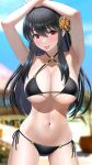  1girl :p armpits arms_up bangs beach bikini black_bikini black_hair blurry blurry_background blush breasts choker cleavage contrapposto cowboy_shot day depth_of_field eyebrows_behind_hair hair_between_eyes hair_ornament halterneck highres houriigurei large_breasts long_hair looking_at_viewer navel o-ring outdoors red_eyes side-tie_bikini solo spy_x_family stomach swimsuit tongue tongue_out yor_briar 
