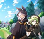  1boy 1girl androgynous animal_ears animal_hood arabian_clothes bishounen black_choker choker collei_(genshin_impact) cyno_(genshin_impact) dandelion dandelion_seed dark-skinned_male dark_skin day flower fur_hat genshin_impact green_hair hair_over_one_eye hat holding holding_flower hood hutaba_29 jackal_ears long_hair orange_eyes outdoors purple_eyes short_hair short_sleeves smile ushanka white_hair 