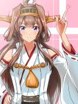  1girl absurdres ahoge blush brown_hair closed_mouth detached_sleeves doradorazz double_bun eyebrows_visible_through_hair hair_bun hand_up headgear heart highres index_finger_raised kantai_collection kongou_(kancolle) kongou_kai_ni_(kancolle) long_hair looking_at_viewer nontraditional_miko one-hour_drawing_challenge purple_eyes ribbon-trimmed_sleeves ribbon_trim smile solo twitter_username upper_body 