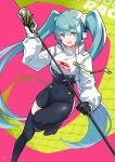  1girl absurdres asymmetrical_bodysuit asymmetrical_clothes black_gloves bodysuit breasts covered_navel cropped_jacket flagpole gloves green_gloves hatsune_miku high_collar highres holding holding_pole itou_kazuki knee_up long_sleeves medium_breasts pole racing_miku racing_miku_(2022) single_pantsleg single_thighhigh solo thighhighs two-tone_gloves vocaloid 