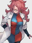  1girl android_21 blue_eyes breasts checkered_clothes checkered_dress closed_mouth dragon_ball dragon_ball_fighterz dress earrings glasses grey_background hand_in_pocket hoop_earrings jewelry kemachiku labcoat long_hair looking_to_the_side medium_breasts red_hair simple_background smile solo 