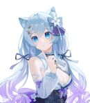 1girl animal_ear_fluff animal_ears bangs black_dress blue_bow blue_eyes blue_hair bow bowtie breasts cleavage detached_collar detached_sleeves dress flower gradient_hair hair_between_eyes hair_bow hair_flower hair_ornament indie_virtual_youtuber kanzashi long_hair medium_breasts mole mole_on_breast multicolored_hair off-shoulder_dress off_shoulder puffy_sleeves purple_hair shirogane_momo simple_background solo star_(symbol) star_hair_ornament striped striped_bow striped_bowtie symbol-only_commentary tokopent twintails upper_body very_long_hair virtual_youtuber wavy_hair white_background white_bow white_bowtie white_sleeves 