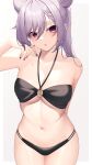  1girl :o absurdres arm_behind_back bangs bikini black_bikini braid breasts cone_hair_bun genshin_impact hair_between_eyes hair_bun hand_up highres keqing_(genshin_impact) long_hair looking_at_viewer medium_breasts o-ring o-ring_bikini parted_lips purple_eyes purple_hair purple_nails revision shirafuji_ene simple_background skindentation solo swimsuit thigh_gap wet wet_hair white_background 