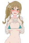  1girl ame_(amechan17391739) bikini bikini_top_only bikini_under_clothes blush breasts clothes_lift full-face_blush green_bikini green_eyes groin heart highres inuyama_aoi lifted_by_self light_brown_hair looking_down medium_breasts out-of-frame_censoring shirt_lift side_ponytail simple_background solo steam swimsuit thick_eyebrows thighhighs white_background yurucamp 