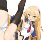  1girl armpits ass bangs belt belt_buckle black_belt blazblue blonde_hair blue_capelet blue_skirt blush breasts buckle capelet collared_shirt commentary_request covered_nipples eyebrows_visible_through_hair fang green_eyes hair_between_eyes hair_ornament highres leg_up looking_at_viewer medium_breasts midriff momio multiple_views navel necktie noel_vermillion open_mouth out-of-frame_censoring panties red_necktie shirt simple_background skirt split standing standing_on_one_leg standing_split sweat underwear white_background white_panties white_shirt 