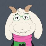  1:1 2021 anthro boke_(artist) bovid caprine clothing cute_fangs deltarune digital_drawing_(artwork) digital_media_(artwork) eyewear fur glasses goat half-lidded_eyes horn humor male mammal meme ralsei scarf shirt signature simple_background solo swollen topwear undertale_(series) video_games white_body white_fur 