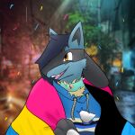  clothing collar hi_res hoodie lgbt_pride lucario male mega_stone nintendo pansexual_pride_colors pok&eacute;mon pok&eacute;mon_(species) pride_color_flag pride_colors rhode_(rhode_arts) rhode_arts solo topwear video_games 