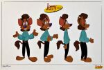  2021 alternate_species anthro barefoot belt blue_clothing blue_shirt blue_topwear bottomwear brown_body brown_fur brown_hair character_name clothed clothing feet front_view fully_clothed fur hair hi_res hyaenid jerry_seinfeld kosperry male mammal model_sheet pants seinfeld shirt side_view simple_background solo spotted_hyena topwear white_background 
