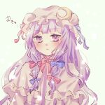  1girl :&lt; bangs blue_bow blush bow capelet crescent dress grey_background hair_bow hair_ornament hat hayu_(hayu_e) highres long_hair looking_at_viewer mob_cap patchouli_knowledge purple_eyes purple_hair ribbon simple_background solo touhou upper_body 