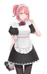  1girl absurdres alternate_costume apron bangs black_legwear bow bowtie candy chilli_646 commission enmaided eyebrows_visible_through_hair feet_out_of_frame food girls&#039;_frontline hair_ornament hairclip highres holding holding_candy holding_food holding_lollipop holding_toy lollipop looking_at_viewer maid maid_headdress medium_hair mp7_(girls&#039;_frontline) pantyhose red_hair short_sleeves side_ponytail solo standing toy white_background yellow_eyes 