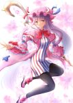  1girl black_legwear blue_bow blush bow breasts crescent dress hair_bow hat long_hair long_sleeves looking_at_viewer mob_cap pantyhose patchouli_knowledge purple_eyes purple_hair ram_hachimin red_bow red_ribbon ribbon solo striped touhou very_long_hair 
