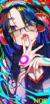  1girl absurdres aqua_nails black_hair blush breasts cleavage glasses headphones highres housou-chan long_hair looking_at_viewer nail_polish pink_nails red_eyes solo tongue tongue_out virtual_youtuber 