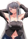  1girl :o alternate_costume arm_behind_head azur_lane bangs bare_shoulders black_shirt blush breasts denim enterprise_(azur_lane) eyebrows_visible_through_hair grey_hair hand_in_own_hair jeans large_breasts long_hair long_sleeves looking_at_viewer navel open_mouth pants purple_eyes schreibe_shura shirt solo sweat sweatdrop upper_body white_background 