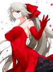  1girl abs breasts commentary_request covered_navel cowboy_shot dress elbow_gloves eyepatch gloves grey_eyes grey_hair highres lydia_macarthur original petals ponytail red_dress red_gloves scar simple_background sleeveless sleeveless_dress solo waka_(shark_waka) white_background 