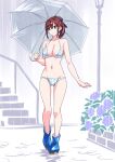  1girl bikini black_ribbon brown_hair chinatsu_(suzutsuki_kurara) flower green_eyes hair_ribbon highres looking_to_the_side original polka_dot polka_dot_bikini purple_flower rain ribbon solo stairs suzutsuki_kurara swimsuit umbrella 