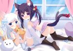  absurdres animal_ears bed blue_eyes blush cat_ears character_request copyright_request curtains dot_nose fengshen_chino heart heart-shaped_pupils highres sky soles symbol-shaped_pupils tagme tail window 