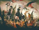  2girls absurdres battle_standard battlefield black_clothes black_hair black_skirt boots building cloud cloudy_sky fire gloves highres long_coat long_hair multiple_girls original short_hair skirt sky sleeveless_coat so-bin sword thigh_boots thighhighs uniform weapon white_hair 