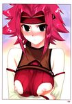  bare_shoulders blush breasts code_geass doujinshi full-face_blush green_eyes headband hechi highres kallen_stadtfeld looking_at_viewer medium_breasts nipples page_number red_hair sleeveless sleeveless_turtleneck solo torn_clothes translation_request turtleneck 