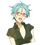  blue_hair breasts cleavage collarbone copyright_request cum glasses ie_(mochi) medium_breasts red_eyes short_hair solo tongue upper_body 