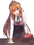  1girl alternate_costume apron bending_forward bow box breasts brown_hair commentary_request cup dated dress_shirt gift gift_box girls_frontline green_eyes hair_between_eyes hair_ribbon hair_rings head_tilt holding holding_saucer holding_tray long_hair long_sleeves looking_at_viewer m1903_springfield_(girls_frontline) medium_breasts neckerchief one_eye_closed open_mouth ponytail ribbon sarasa_(kanbi) saucer shirt sidelocks signature solo striped striped_neckwear table teacup tray upper_body valentine very_long_hair waitress white_shirt 