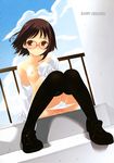  blush breasts brown_eyes brown_hair copyright_request glasses highres large_breasts open_clothes open_shirt otomo_megane panties panty_pull pussy_juice shirt short_hair solo stairs thighhighs underwear wind 