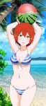  1girl ae-3803 ahoge arms_over_head ball bare_legs beach beachball bikini blush bracelet breasts cleavage food fruit hataraku_saibou highres jewelry looking_at_viewer medium_breasts red_hair ribbon short_hair striped striped_bikini swimsuit watermelon white_ribbon yellow_eyes 