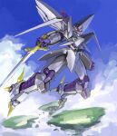  aiki_(rlaxorbs) cybuster floating_island from_side green_eyes highres holding holding_sword holding_weapon looking_up mecha no_humans open_hand sky super_robot_wars super_robot_wars_original_generation sword weapon 