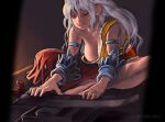  1girl bangs bare_shoulders barefoot blue_sleeves breasts cleaver collarbone detached_sleeves downblouse dress evil_grin evil_smile gengoroumaru_(ambidextrous) grey_hair grin hair_between_eyes half-closed_eyes holding indian_style knees_apart_feet_together large_breasts leaning_forward long_hair looking_at_object multicolored_clothes multicolored_dress one-hour_drawing_challenge red_eyes sakata_nemuno sharpening sidelocks single-shoulder_dress single_strap sitting smile solo touhou v-shaped_eyebrows very_long_hair whetstone 