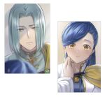  1boy 1girl bangs blue_hair ferdinand_(honzuki_no_gekokujou) grey_hair hair_intakes highres honzuki_no_gekokujou jewelry long_hair long_sleeves looking_at_viewer maine_(honzuki_no_gekokujou) pov ring swept_bangs white_background yellow_eyes yumeha_tseru 