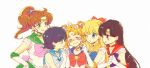  5girls bishoujo_senshi_sailor_moon blonde_hair blue_eyes blush bow brown_hair choker crying green_choker green_eyes green_skirt holding_hands inner_senshi magical_girl multiple_girls one_eye_closed pink_bow purple_bow red_bow red_choker red_eyes sad sailor_jupiter sailor_mars sailor_mercury sailor_moon sailor_venus simple_background skirt white_background 