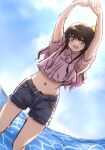  1girl alternate_costume black_hair blue_sky brown_eyes cloud commentary_request cowboy_shot denim denim_shorts kantai_collection ld_(luna_dial398) long_hair looking_at_viewer midriff multicolored_hair naganami_(kancolle) navel pink_hair pink_shirt shirt shorts sky solo standing stretch sun two-tone_hair water wavy_hair 