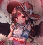  1girl :/ bangs bow brown_hair corset_piercing cowboy_hat hair_behind_ear hair_ornament hairclip hat highres holding kurokoma_saki long_hair looking_at_viewer moshihimechan pegasus_wings red_eyes shirt short_sleeves sketch solo string swept_bangs touhou upper_body x_hair_ornament 