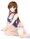 1girl absurdres arm_support artist_name bare_arms bare_legs black_choker blue_swimsuit blush body_writing breasts brown_eyes brown_hair choker cleavage earrings eyebrows_visible_through_hair feet_out_of_frame groin gs_(onsen_syndicate) highres jewelry kanojo_okarishimasu large_breasts leg_tattoo looking_at_viewer mizuhara_chizuru nipple_piercing nipple_slip nipples one-piece_swimsuit piercing sidelocks simple_background sitting sleeveless smile solo swimsuit tattoo torn_clothes torn_swimsuit white_background 