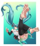  1girl aqua_eyes aqua_hair ass bangs barefoot belt blush border breasts center_opening commentary_request detached_sleeves eiji_(eiji) eyebrows_visible_through_hair feet floating_hair foreshortening greek_toe hair_between_eyes hatsune_miku hatsune_miku_(append) highres long_hair looking_at_viewer medium_breasts nail_polish navel necktie smile solo thighhighs toenail_polish toenails toes twintails underboob vocaloid vocaloid_append white_border 