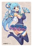  1girl :d aqua_(konosuba) aqua_eyes aqua_hair ass bangs blush boots border breasts commission fanbox_username folding_fan hand_fan kono_subarashii_sekai_ni_shukufuku_wo! large_breasts layered_skirt long_hair paper_fan see-through see-through_skirt skirt smile solo teeth thigh_boots thighhighs twisted_torso upper_teeth very_long_hair virus-g white_border 