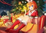  1girl :d bangs blue_eyes boots bow bow_hairband box character_doll christmas christmas_tree crop_top cross-laced_footwear dress_shirt fur-trimmed_boots fur-trimmed_sleeves fur_trim gift gift_box go-toubun_no_hanayome hair_between_eyes hair_bow hairband highres holding lace-up_boots long_hair midriff nakano_yotsuba neck_ribbon open_mouth orange_hair red_footwear red_ribbon ribbon santa_boots shiny shiny_hair shirt short_sleeves sitting smile solo stomach white_bow white_hairband white_shirt yunweishukuang 