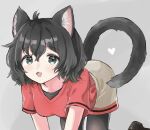  1girl all_fours animal_ears black_legwear blue_eyes blush brown_footwear cat_ears cat_girl cat_tail commentary_request eyebrows_visible_through_hair grey_shorts highres kaban_(kemono_friends) kemono_friends kemonomimi_mode loafers looking_at_viewer megumi_222 no_hat no_headwear open_mouth pantyhose red_shirt shirt shoes short_sleeves shorts solo t-shirt tail 