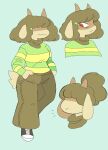  anthro blush bodily_fluids bovid breasts brown_body brown_clothing brown_fur brown_hair brown_tail caprine clothed clothing deltarune fur goat green_clothing hair hi_res horn kris_(deltarune) mammal nonbinary_(lore) puppkittyfan1 red_eyes solo undertale_(series) video_games white_clothing yellow_clothing 