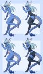  anthro anthrofied blue_hair breasts clothed clothing dragon dragonair dress duo female gesture girly hair hi_res kathiras legwear liuki long_hair looking_at_viewer male neoabyss nintendo non-mammal_breasts pok&eacute;mon pok&eacute;mon_(species) red_eyes simple_background smile stockings v_sign video_games 