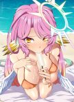  1girl angel_wings bangs bare_shoulders beach beach_towel bikini blush breasts cleavage collarbone commentary commission eating english_commentary eyebrows_visible_through_hair feathered_wings food foreshortening furrowed_brow gradient_hair green_hair halo hand_on_own_chest hands_up highres holding jibril_(no_game_no_life) kneeling large_breasts lindaroze long_hair looking_at_viewer low_wings multicolored_hair no_game_no_life orange_bikini parted_bangs pink_hair popsicle sand sexually_suggestive shiny shiny_hair solo swimsuit towel unaligned_breasts water wings yellow_eyes 