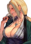  1girl blonde_hair breasts cleavage holding hungry_clicker jewelry large_breasts lips long_hair low_ponytail naruto naruto_(series) necklace parted_lips sidelocks solo tsunade_(naruto) upper_body white_background 