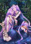  3girls alternate_costume blue_dress breasts chisasasacha collar dress euryale_(fate) fate/grand_order fate/stay_night fate_(series) forehead gladiator_sandals highres jewelry leaf lipstick long_hair makeup medusa_(fate) multiple_girls purple_eyes purple_hair sandals siblings sideboob sisters smile stheno_(fate) twins very_long_hair 